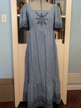 Old Navy Embroidered Denim Maxi Dress with Square Neck